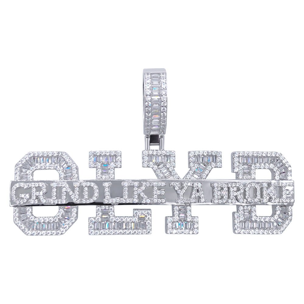 .925 Silver GLYB Grind Like Ya Broke Baguette CZ Iced Out Pendant