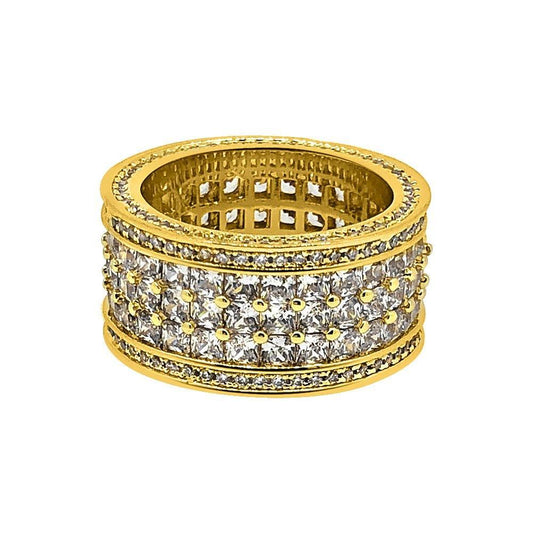 .925 Silver Gold Triple Princess Cut Eternity Band CZ Bling Ring