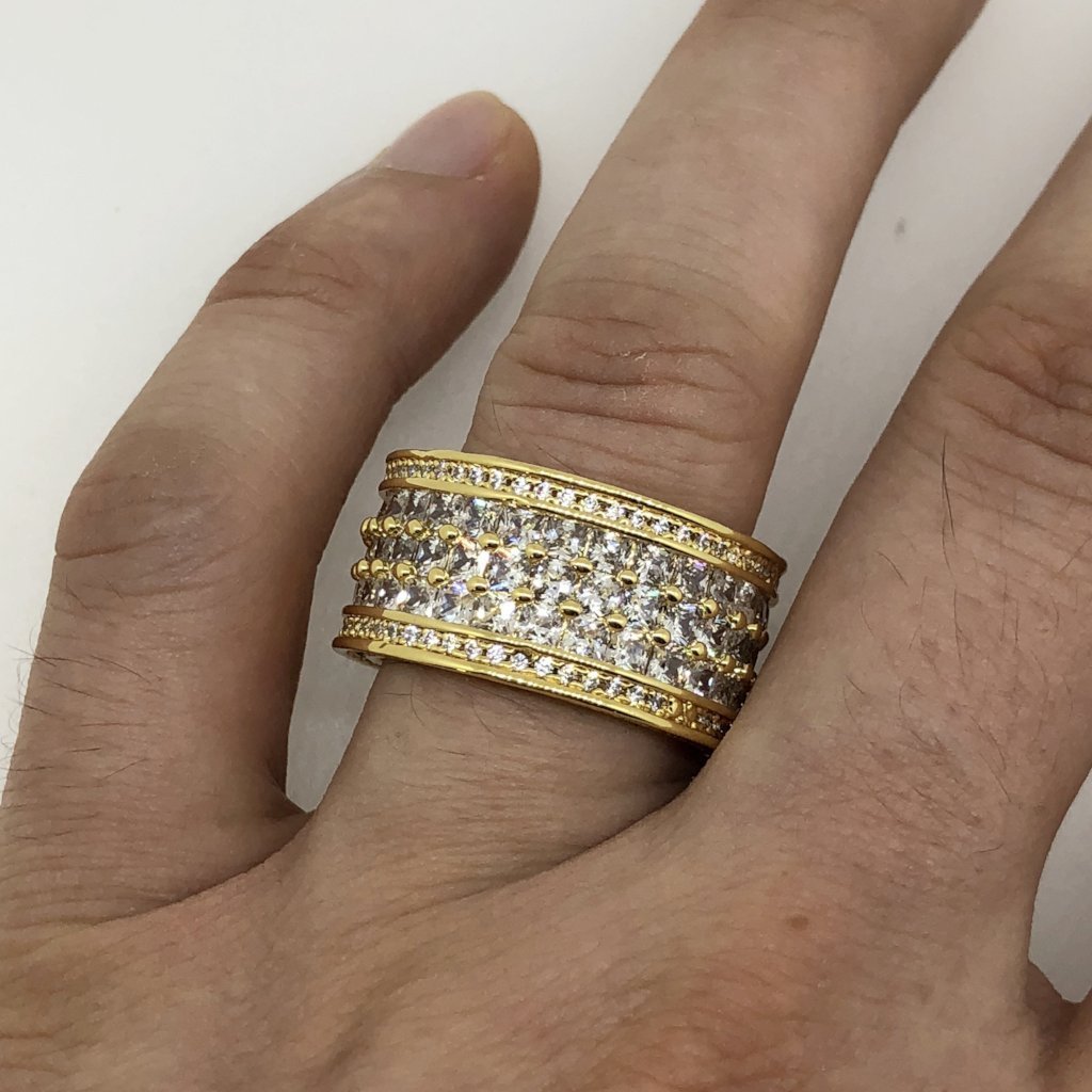.925 Silver Gold Triple Princess Cut Eternity Band CZ Bling Ring