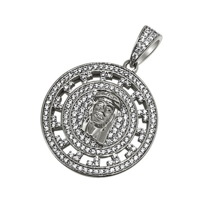 .925 Silver Jesus Greek Pattern CZ Circle Pendant