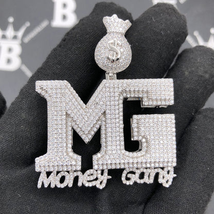 .925 Silver MG Money Gang VVS CZ Iced Out Pendant