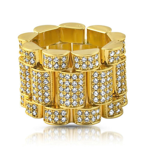.925 Silver Presidential Link Gold CZ Bling Bling Ring