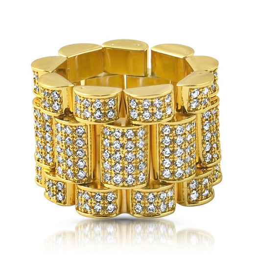 .925 Silver Presidential Link Gold CZ Bling Bling Ring