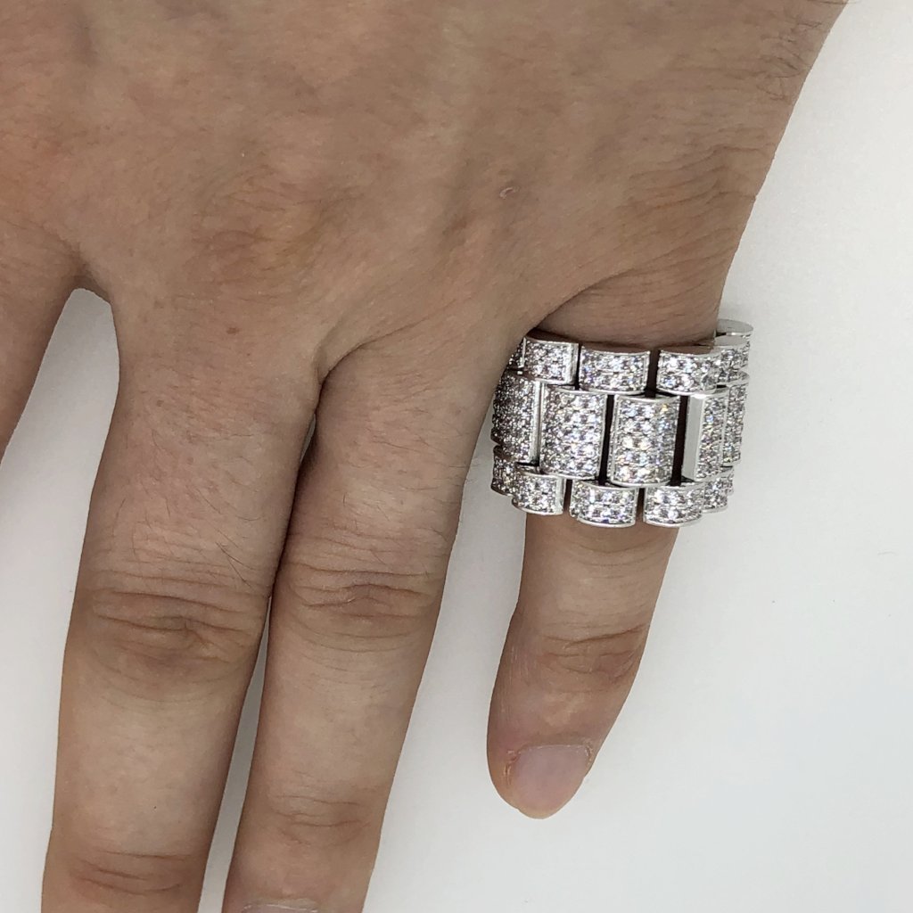 .925 Silver Presidential Link Rhodium CZ Bling Bling Ring