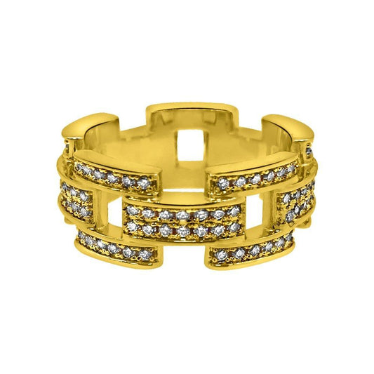.925 Silver Prez Link Eternity Band Gold CZ Bling Ring