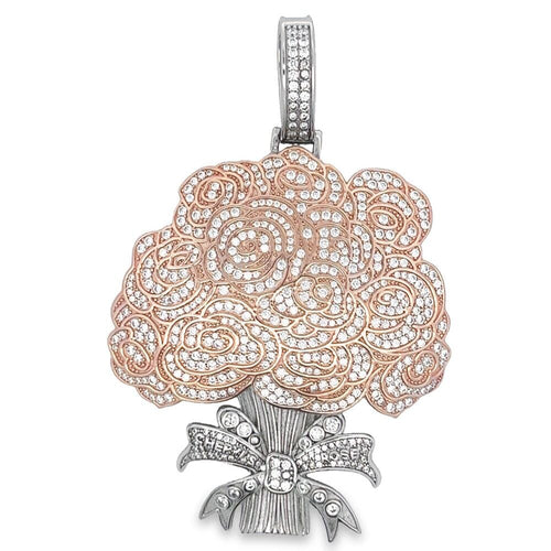 .925 Silver Rose Bouquet CZ Iced Out Pendant
