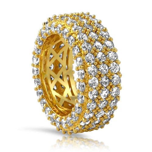 .925 Silver Triple Ice Decker 360 CZ Eternity Hip Hop Ring Band in Gold