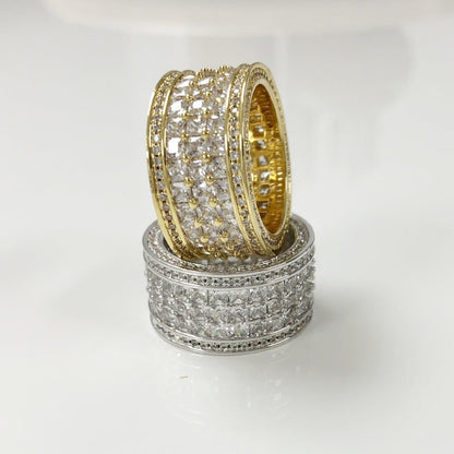.925 Silver Triple Princess Cut Eternity Band CZ Bling Ring Rhodium