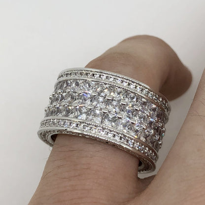 .925 Silver Triple Princess Cut Eternity Band CZ Bling Ring Rhodium
