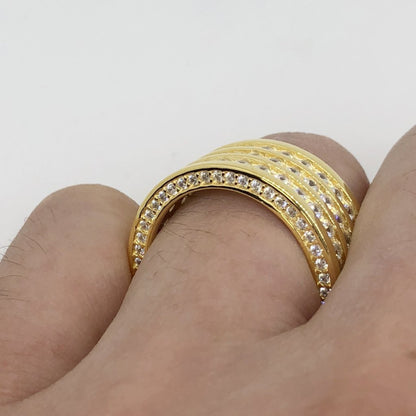 .925 Silver Triple Row CZ Eternity Band Bling Bling Ring in Gold