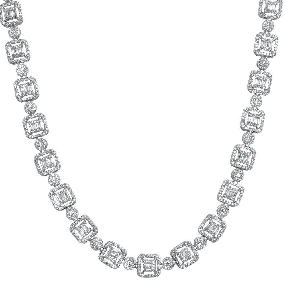 .925 Sterling Silver Baguette and Cluster Link CZ Iced Bling Chain