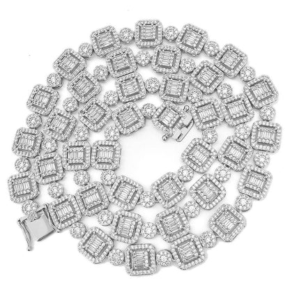 .925 Sterling Silver Baguette and Cluster Link CZ Iced Bling Chain