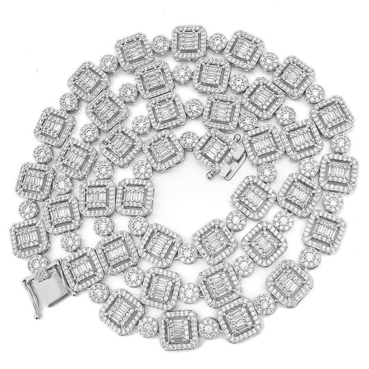 .925 Sterling Silver Baguette and Cluster Link CZ Iced Bling Chain