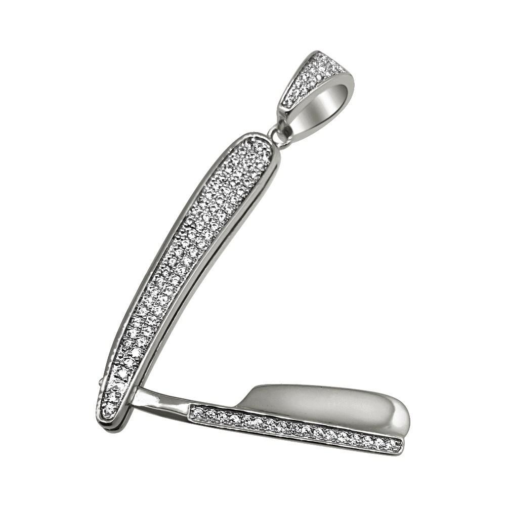 .925 Sterling Silver Barber Razor CZ Bling Bling Pendant