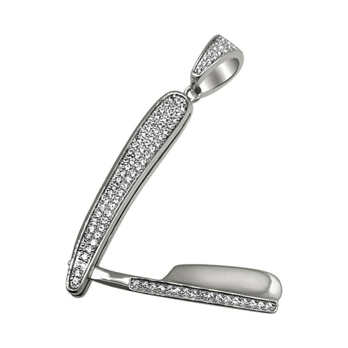 .925 Sterling Silver Barber Razor CZ Bling Bling Pendant