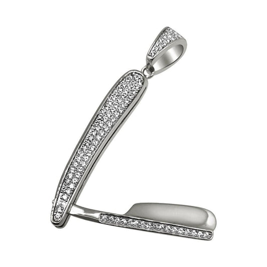 .925 Sterling Silver Barber Razor CZ Bling Bling Pendant