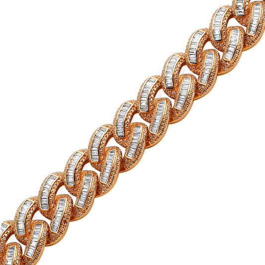 .925 Sterling Silver Rose Gold Baguette Cuban Bling Bling Bracelet