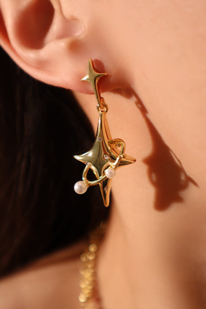 18K Real Gold Plated Saturn Pearls Earrings