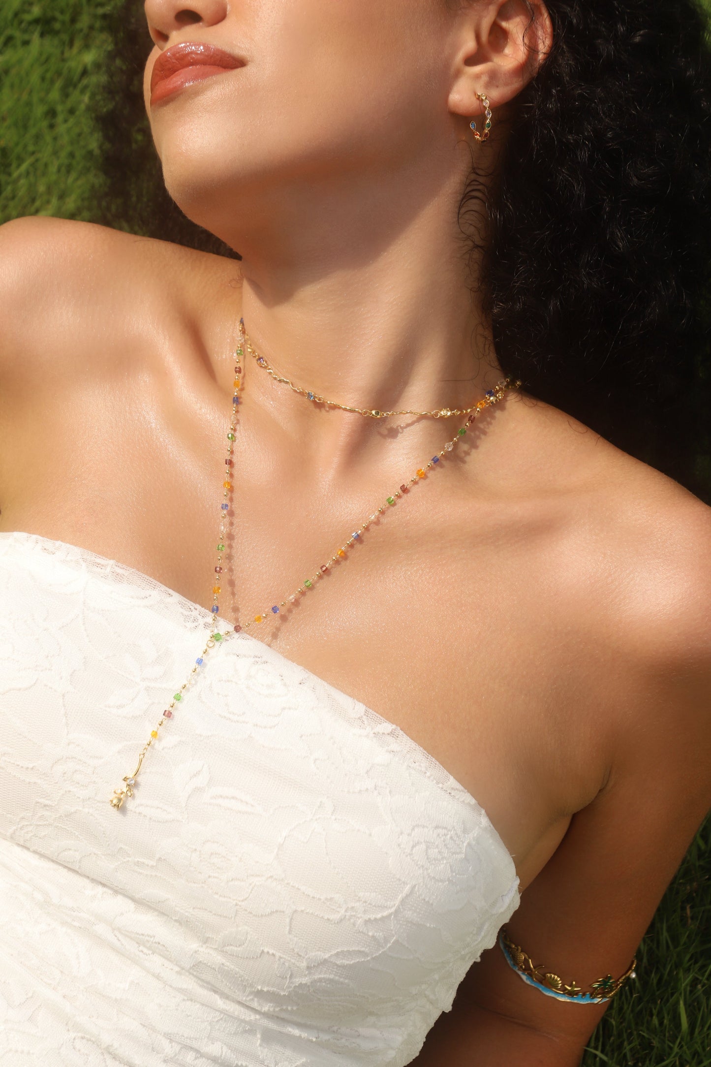 18K Real Gold Plated Color Gem Rose Lariat Long Necklace