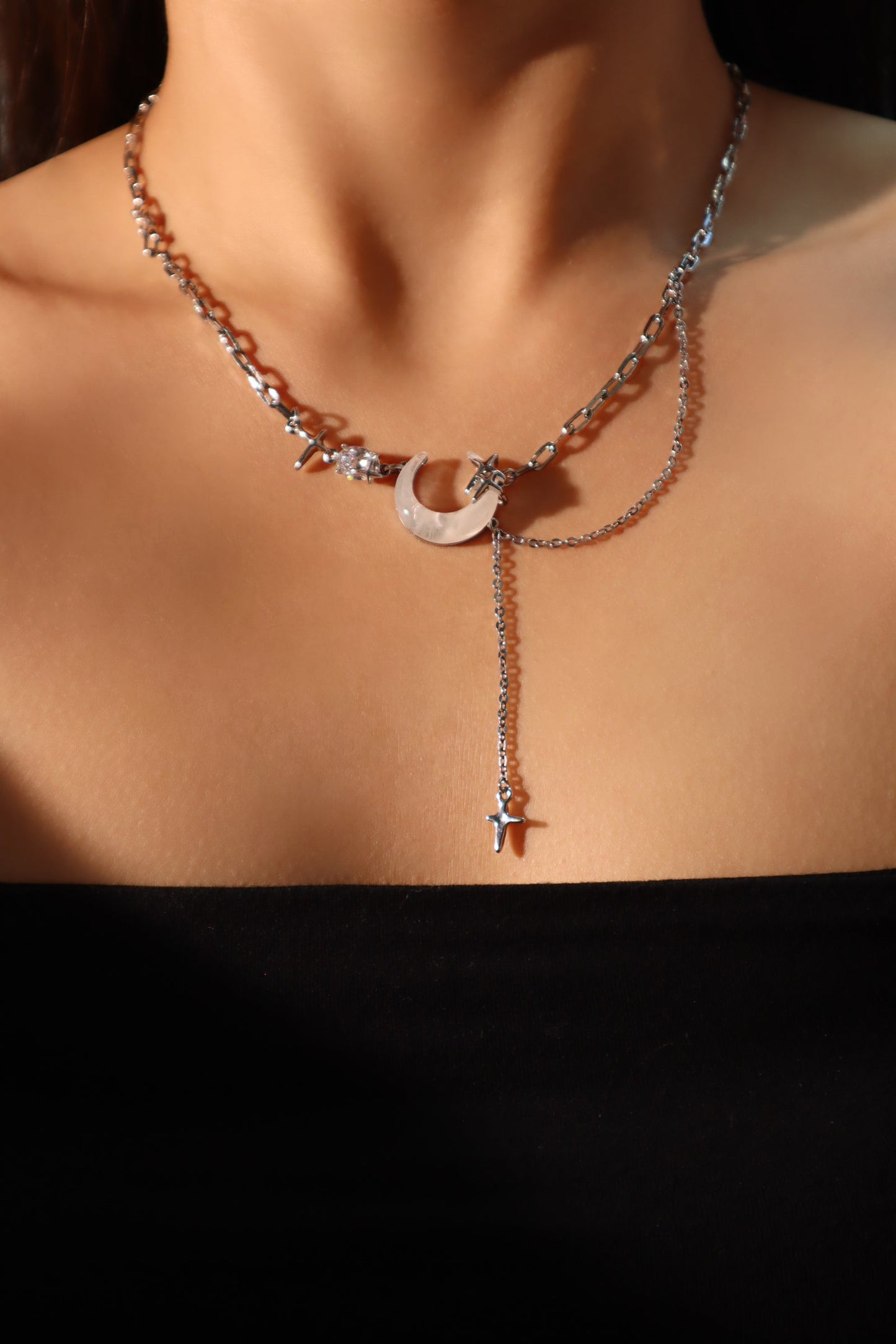 Palladium White Gold Plated Moon Star Chain Necklace
