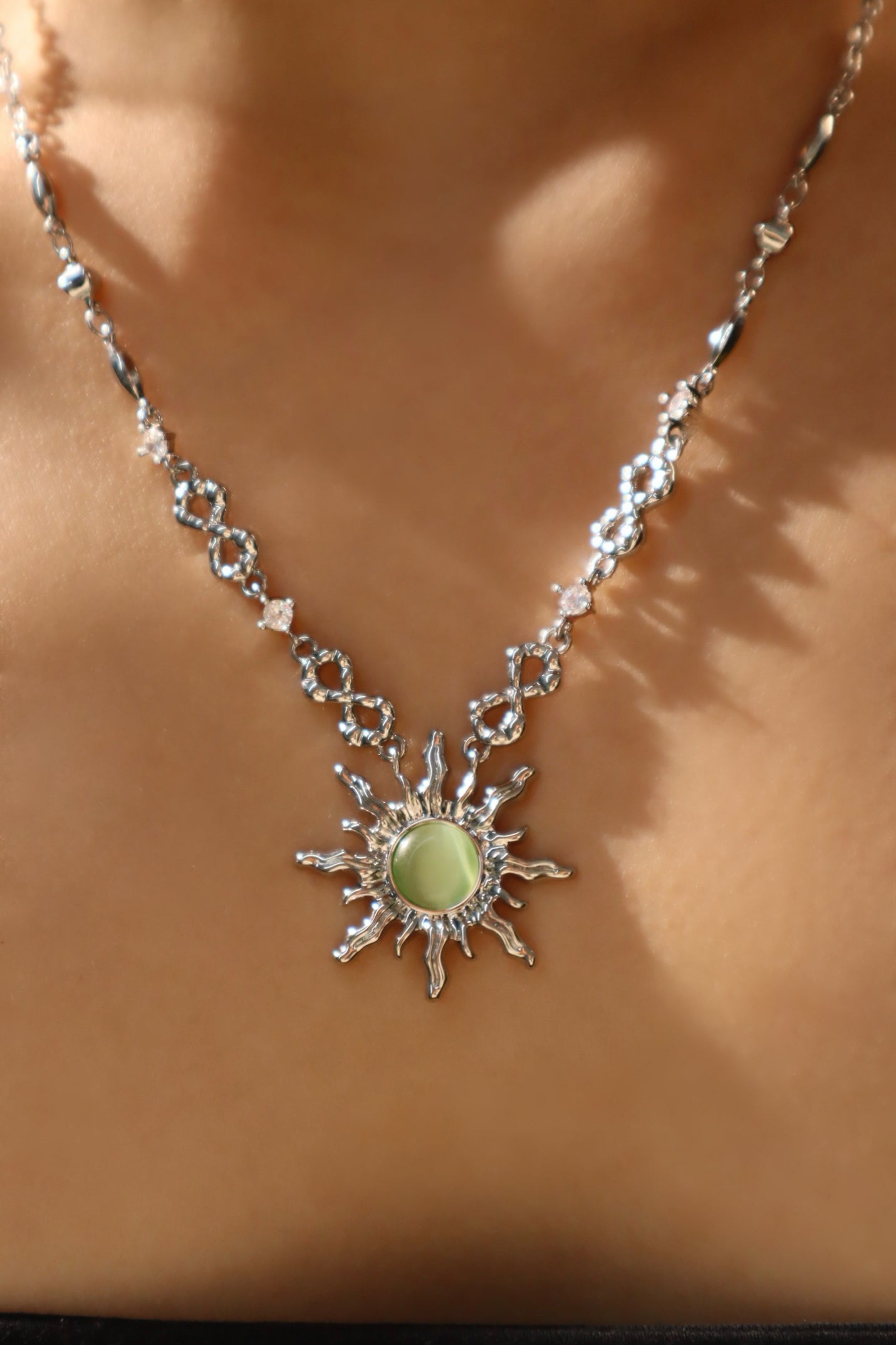 Palladium White Gold Plated Green Opal Sun Necklace