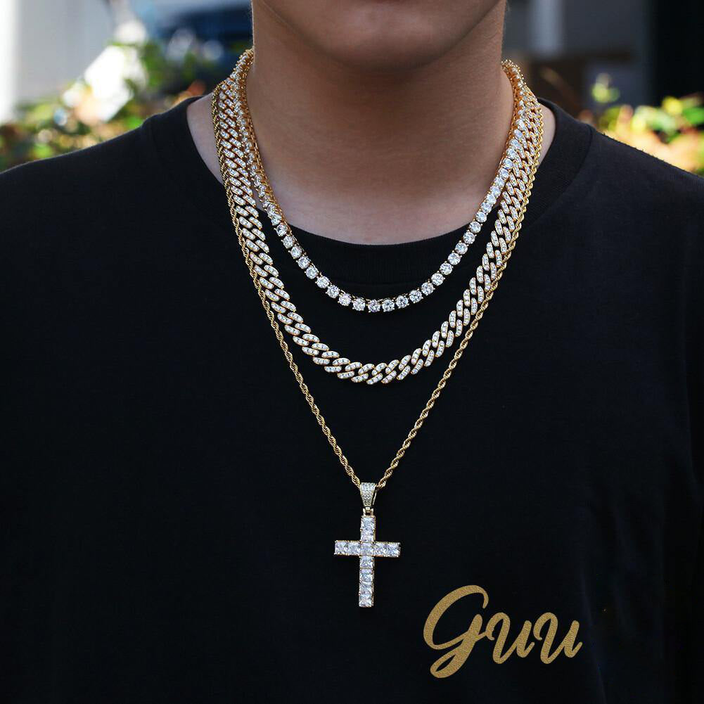18k Gold-Plated CZ BlingBling Cross Hip Hop Pendant (With Chain)