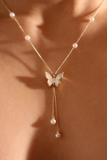 14K Real Gold Plated Butterfly Pearls Necklace