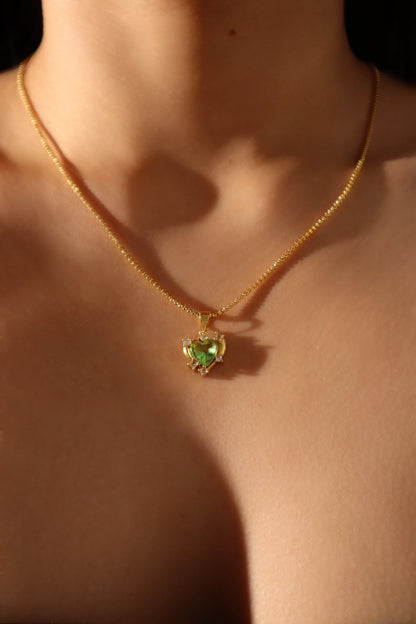 18K Real Gold Plated Diamond Green Gem Heart Necklace