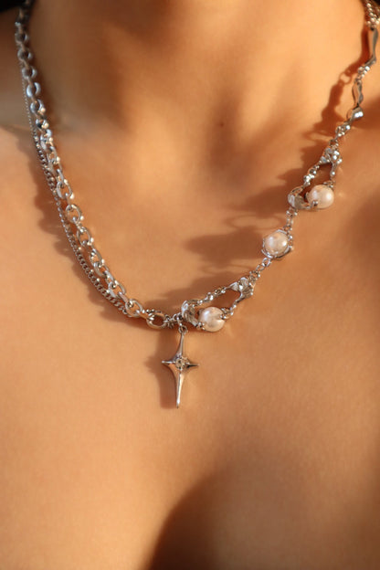 Palladium White Gold Plated Pearl Star Necklace