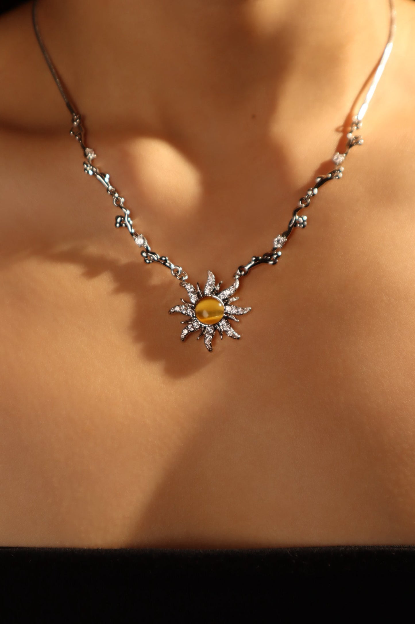 Palladium White Gold Plated Orange Opal Sun Necklace
