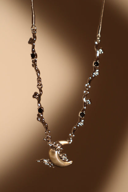 Palladium White Gold Plated Black Shell Moon Necklace