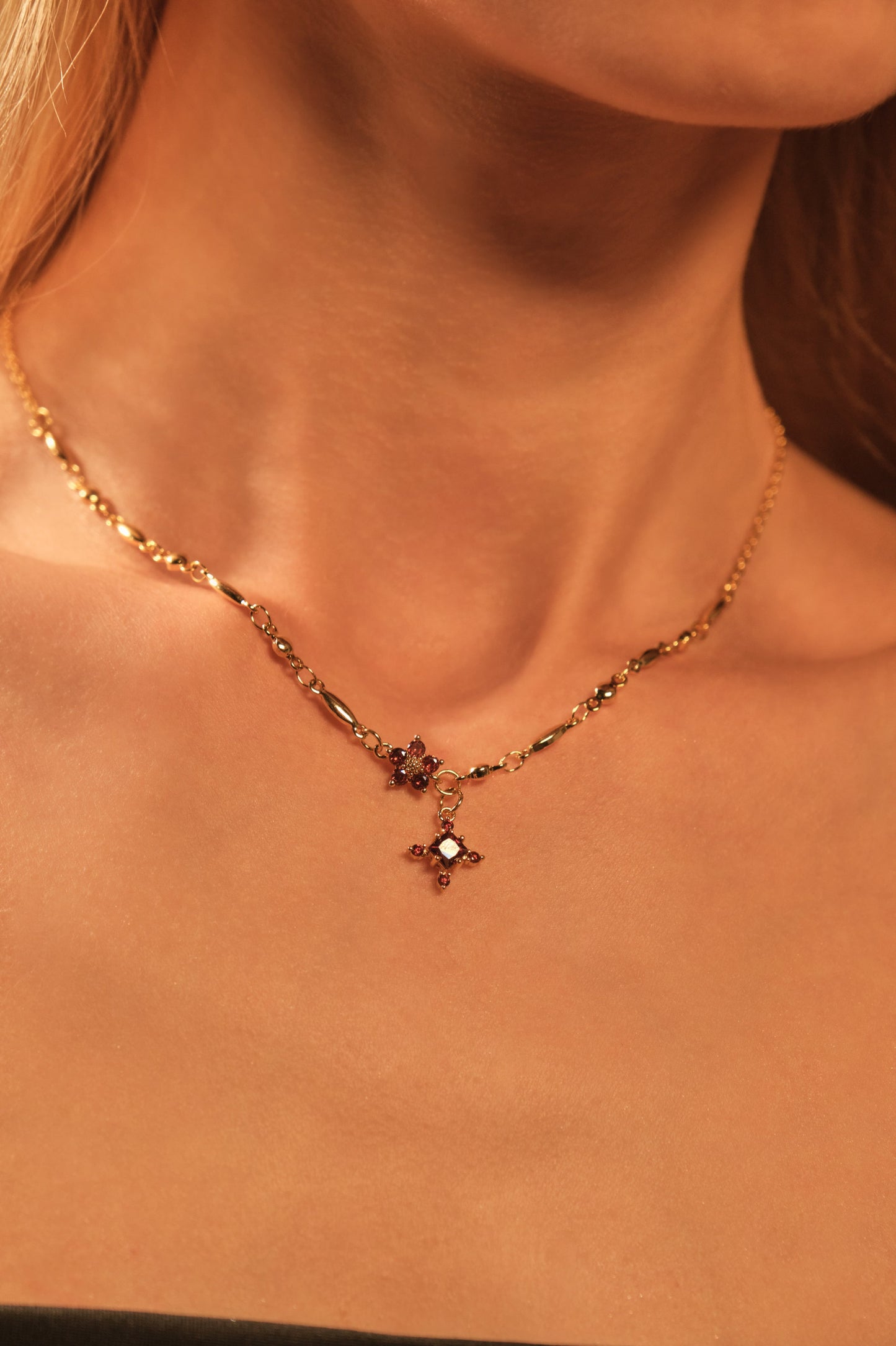 18K Real Gold Plated Garnet Starlight Cross Necklace
