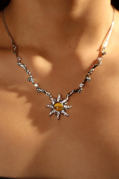 Palladium White Gold Plated Orange Opal Sun Necklace