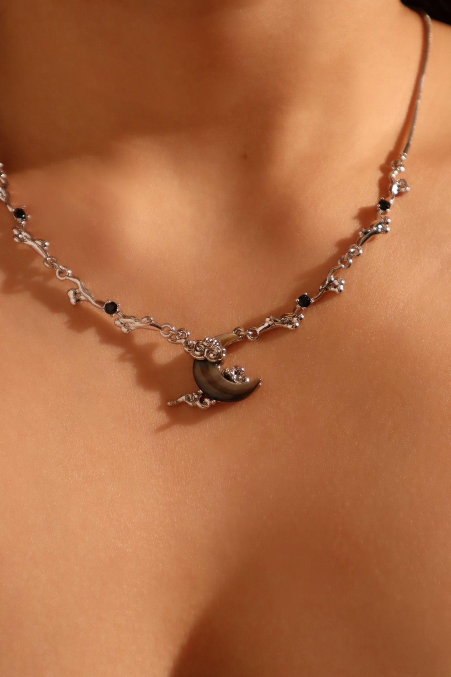 Palladium White Gold Plated Black Shell Moon Necklace