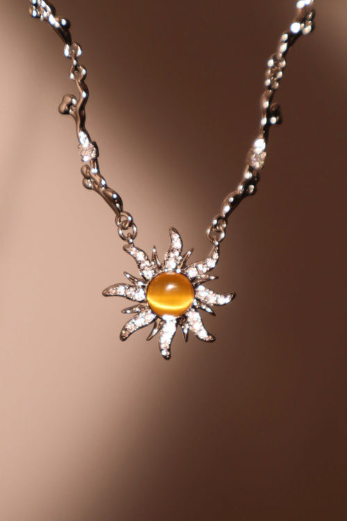 Palladium White Gold Plated Orange Opal Sun Necklace