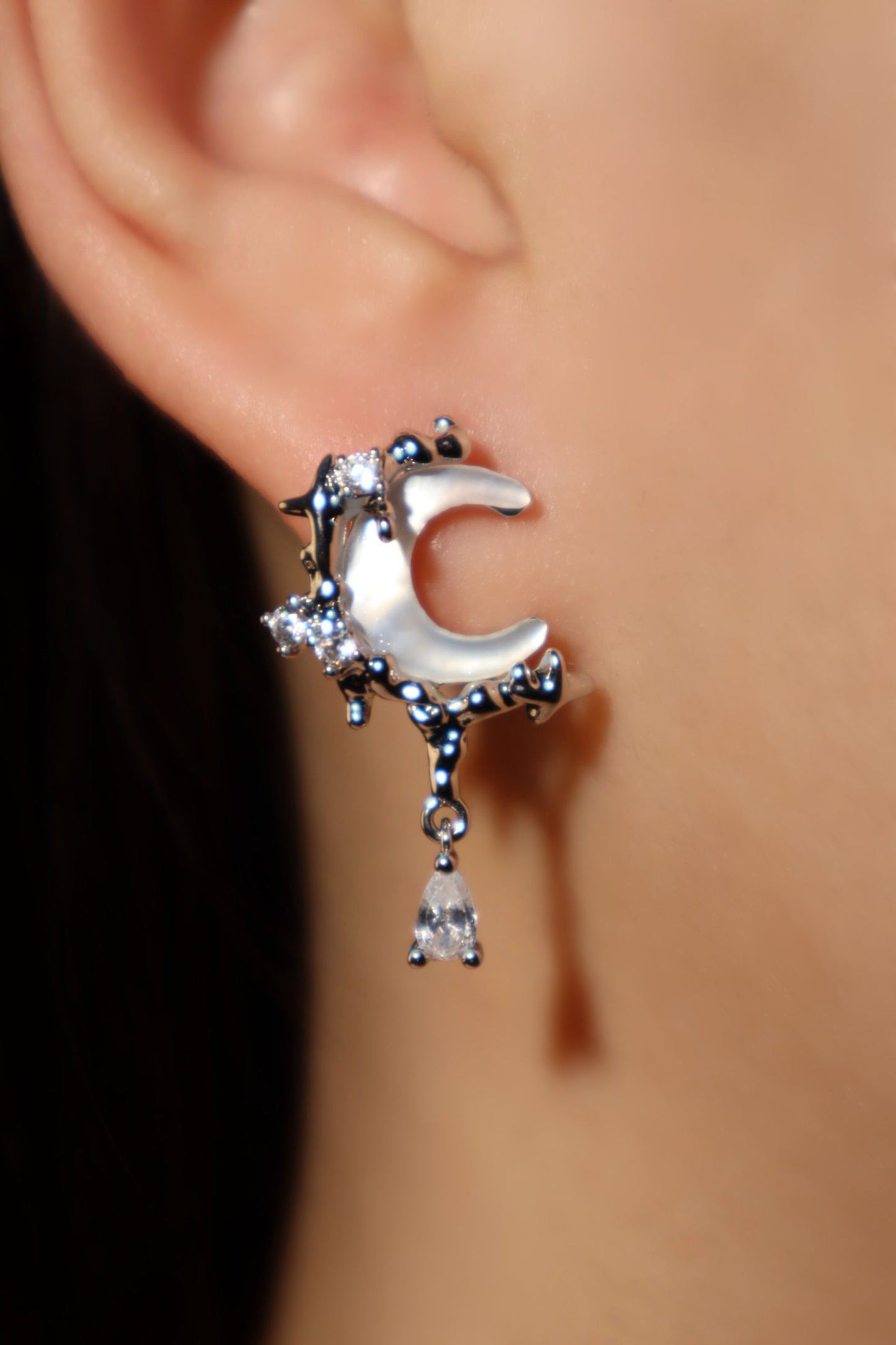 Palladium White Gold Plated Natural Shell Moon Earrings