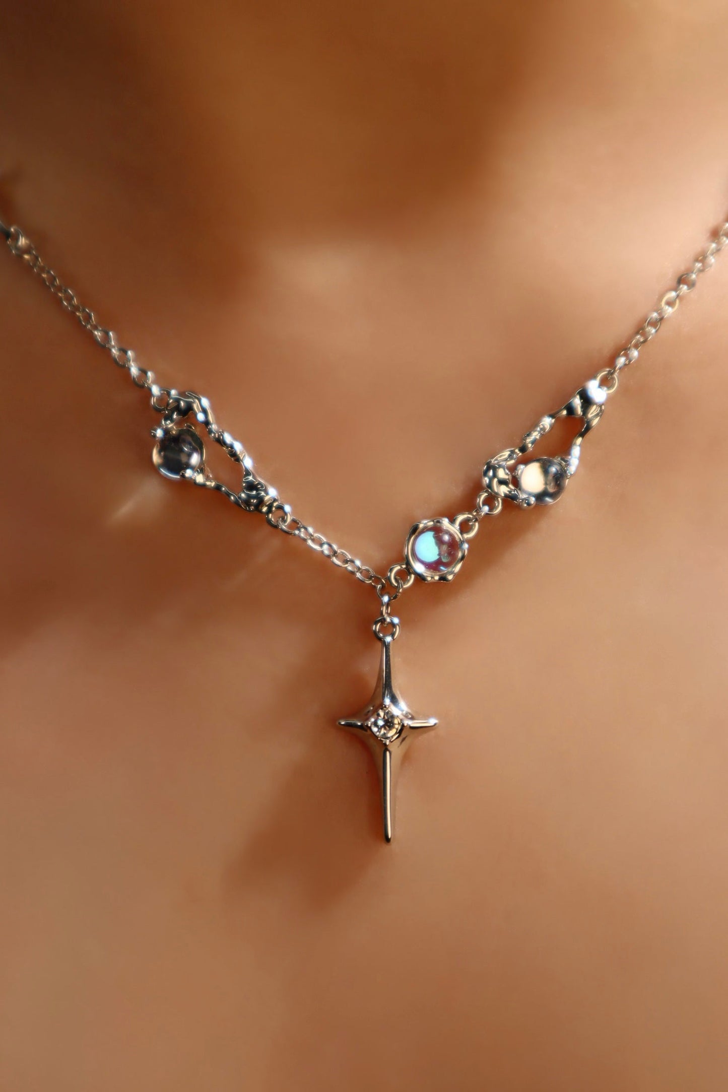 Palladium White Gold Plated Moonstones Star Necklace