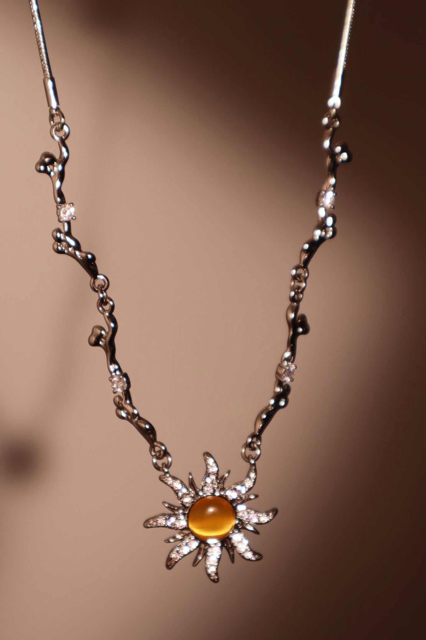 Palladium White Gold Plated Orange Opal Sun Necklace