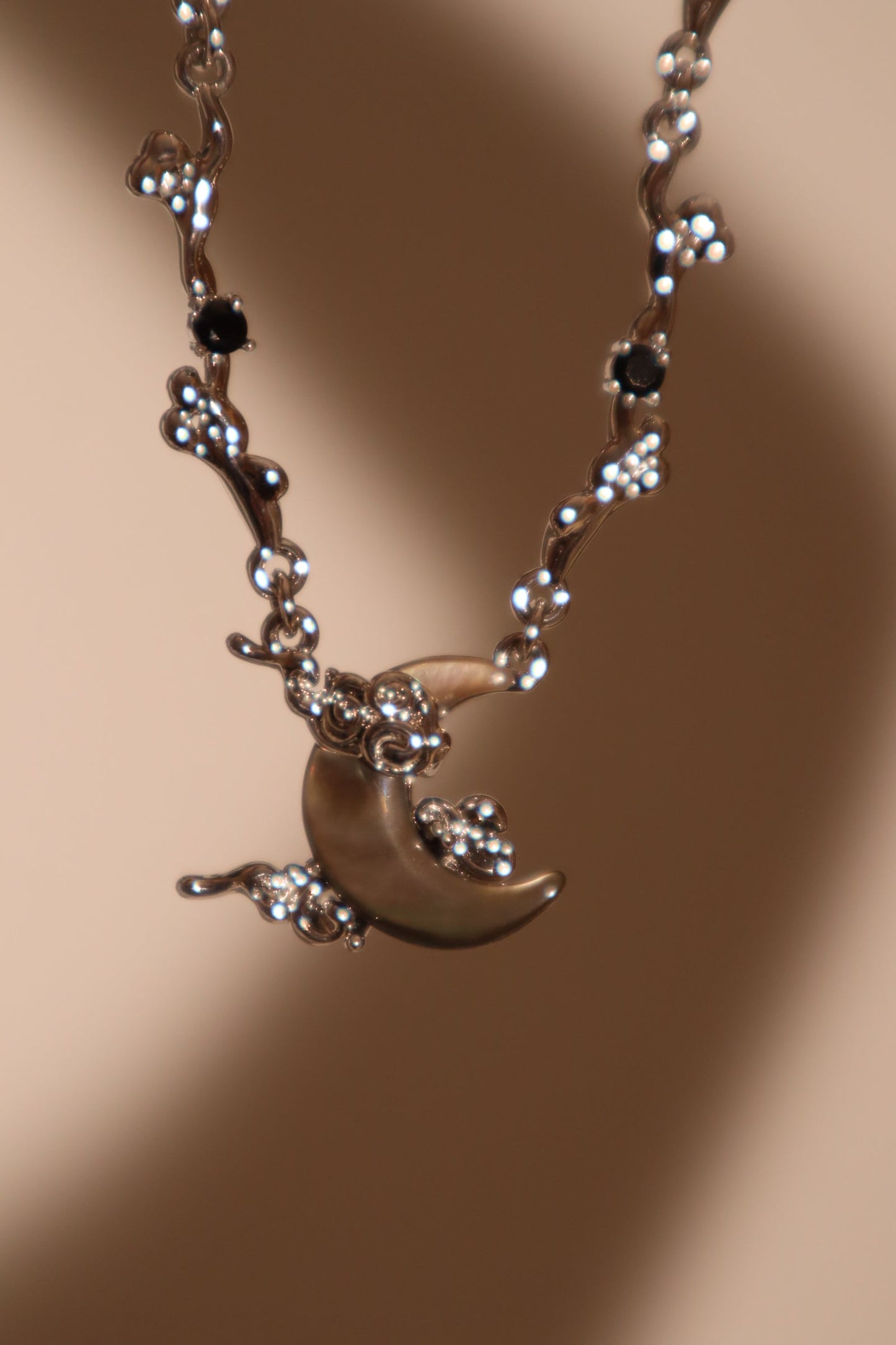 Palladium White Gold Plated Black Shell Moon Necklace