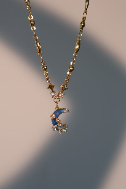 18K Real Gold Plated Moonstone Moon Star Necklace
