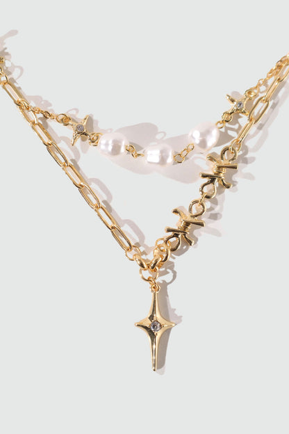 18K Real Gold Plated Double Layer Star Pearls Necklace