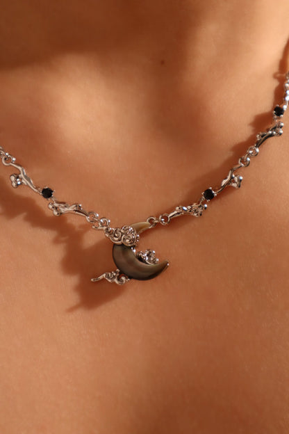 Palladium White Gold Plated Black Shell Moon Necklace