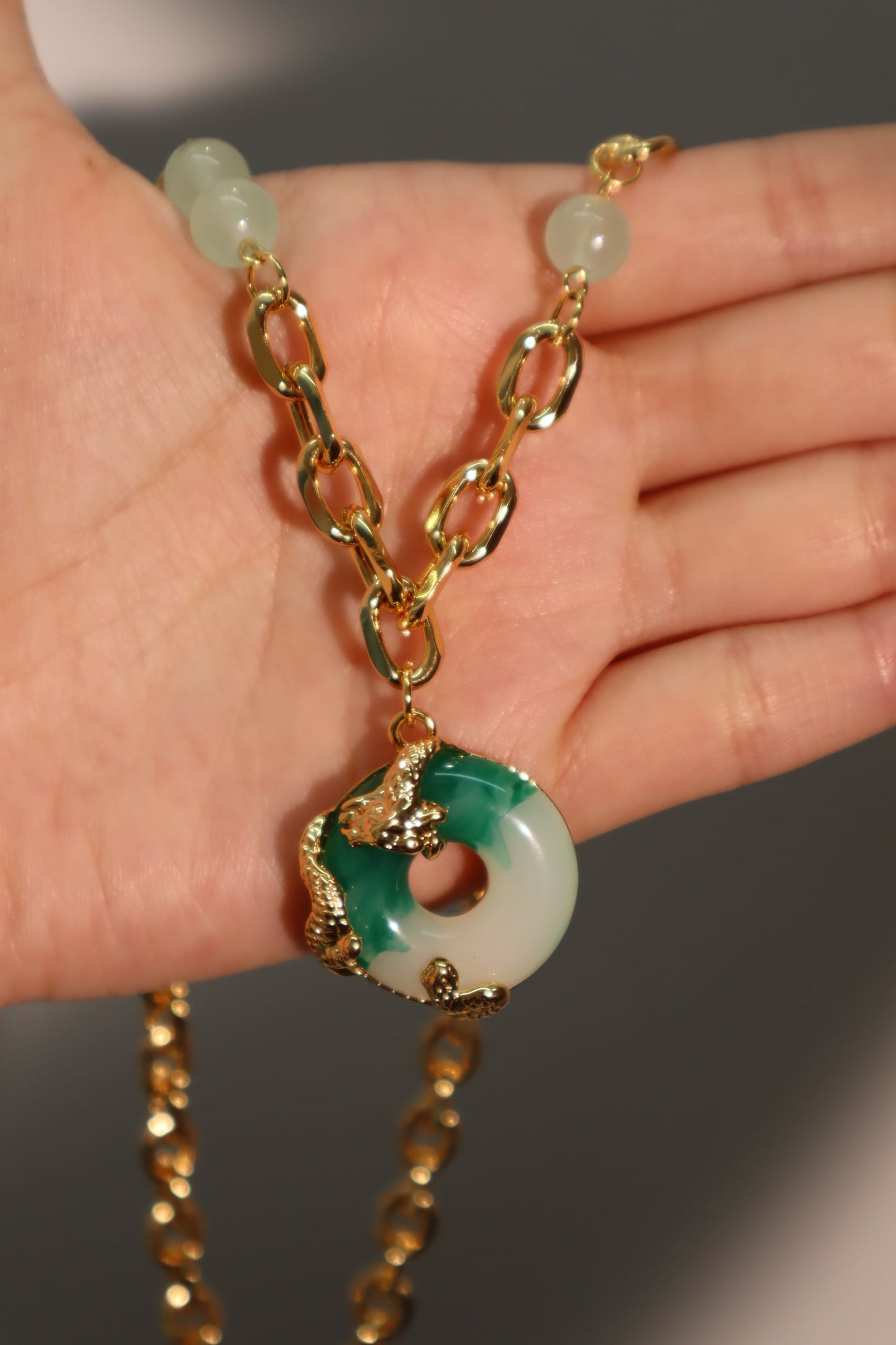 18K Real Gold Plated Jade Dragon Necklace (EARRINGS INCLUDED)