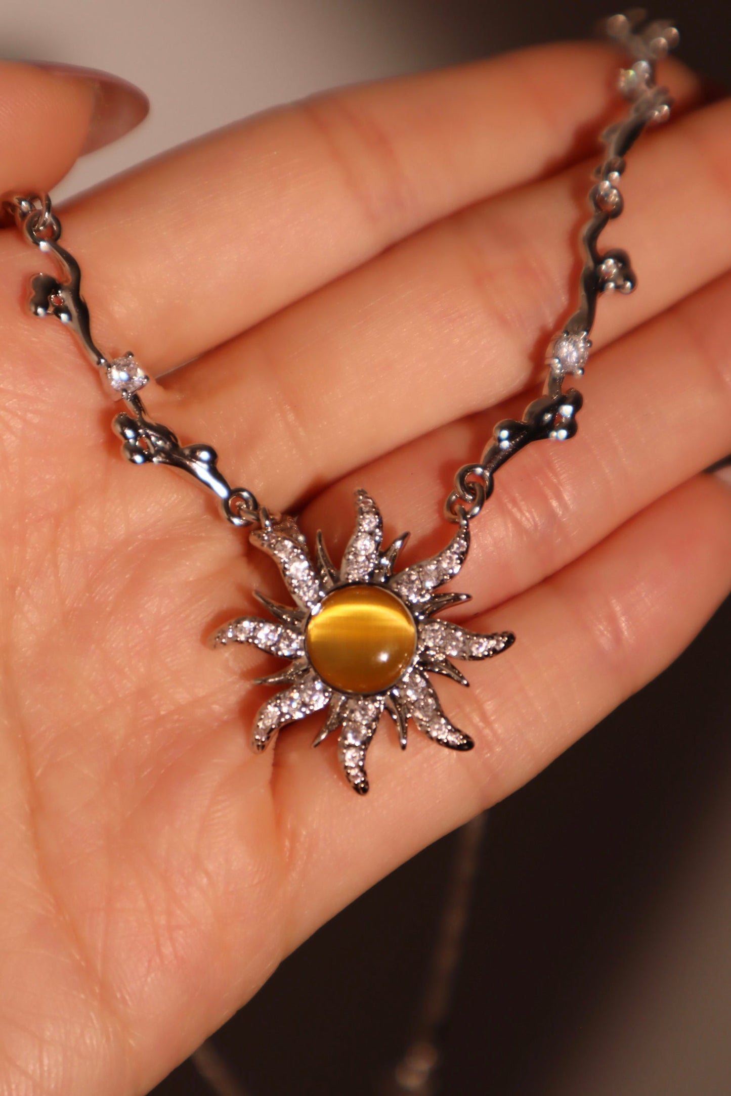 Palladium White Gold Plated Orange Opal Sun Necklace