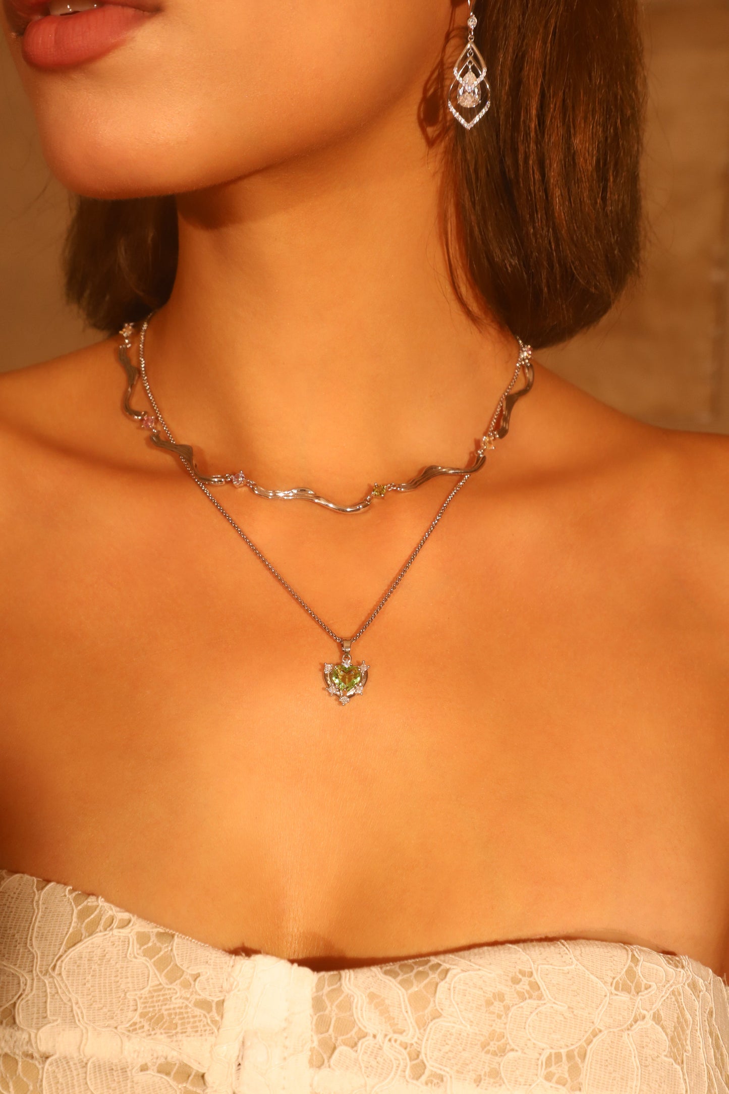 Palladium White Gold Plated Diamond Green Gem Heart Necklace