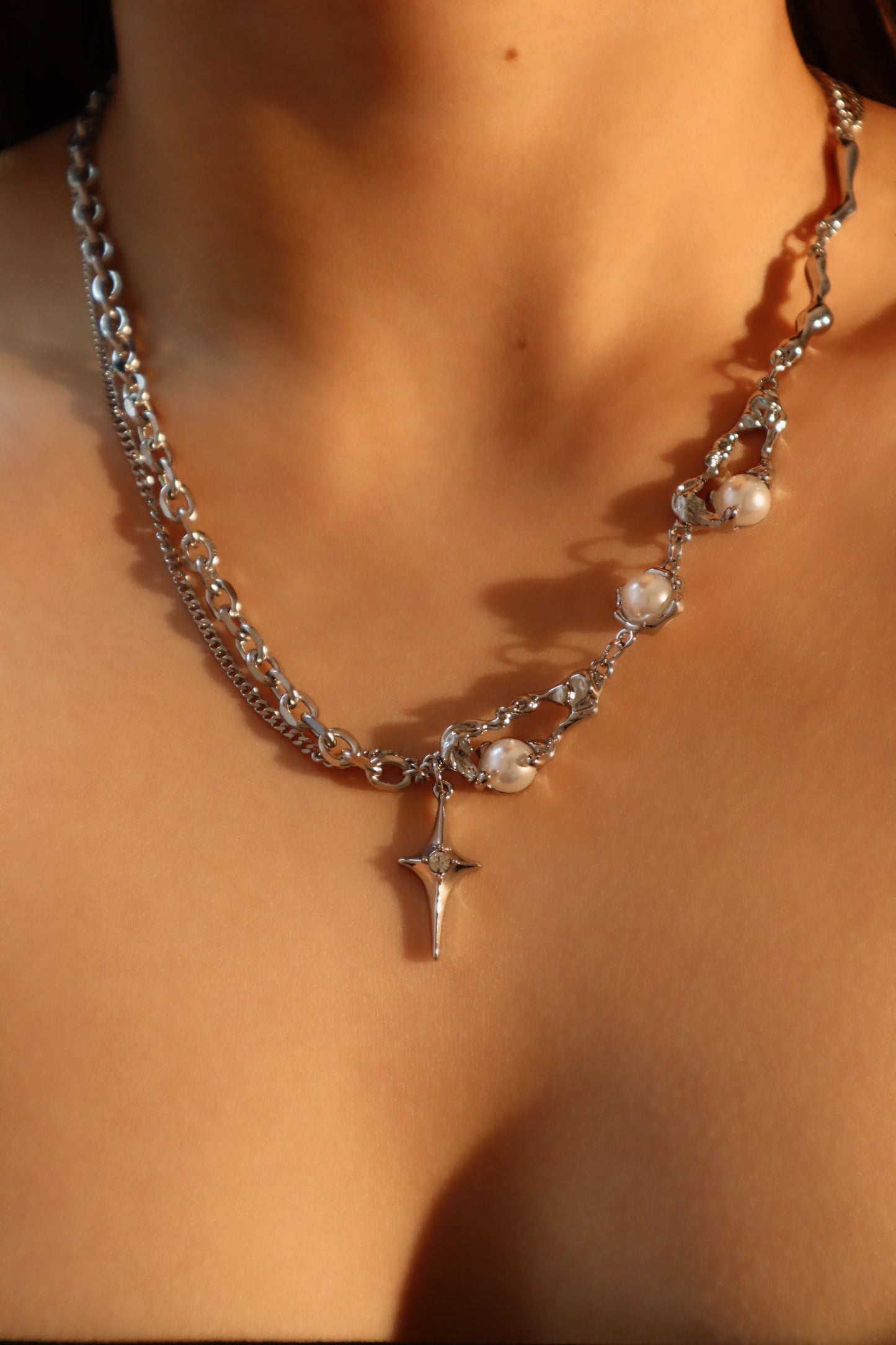 Palladium White Gold Plated Pearl Star Necklace