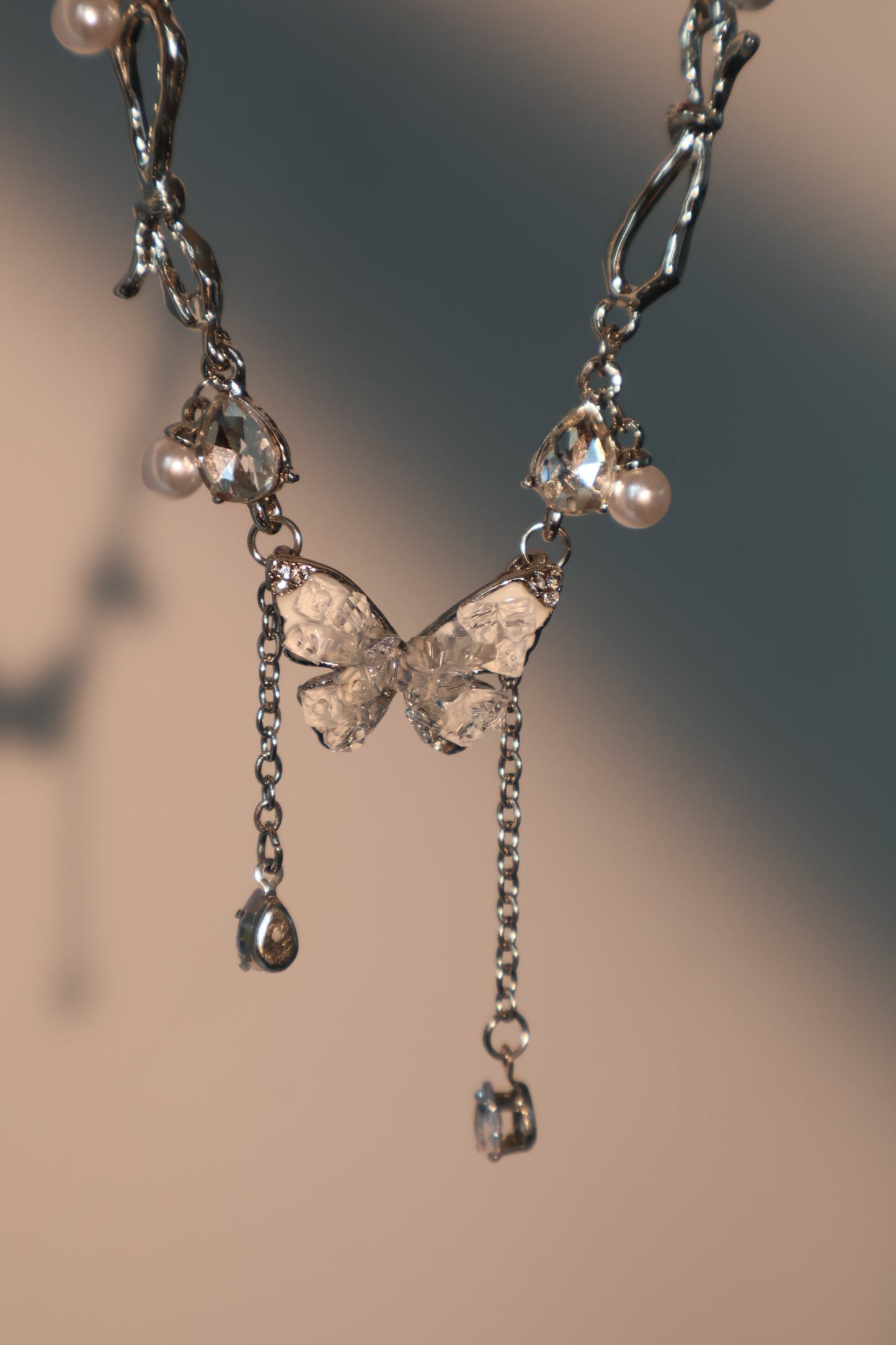 Palladium White Gold Plated Blue Crystal Butterfly Necklace