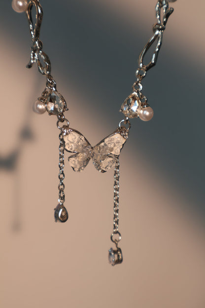 Palladium White Gold Plated Blue Crystal Butterfly Necklace