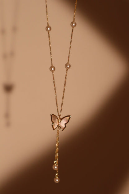 14K Real Gold Plated Butterfly Pearls Necklace