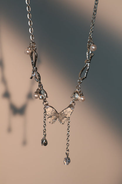 Palladium White Gold Plated Blue Crystal Butterfly Necklace